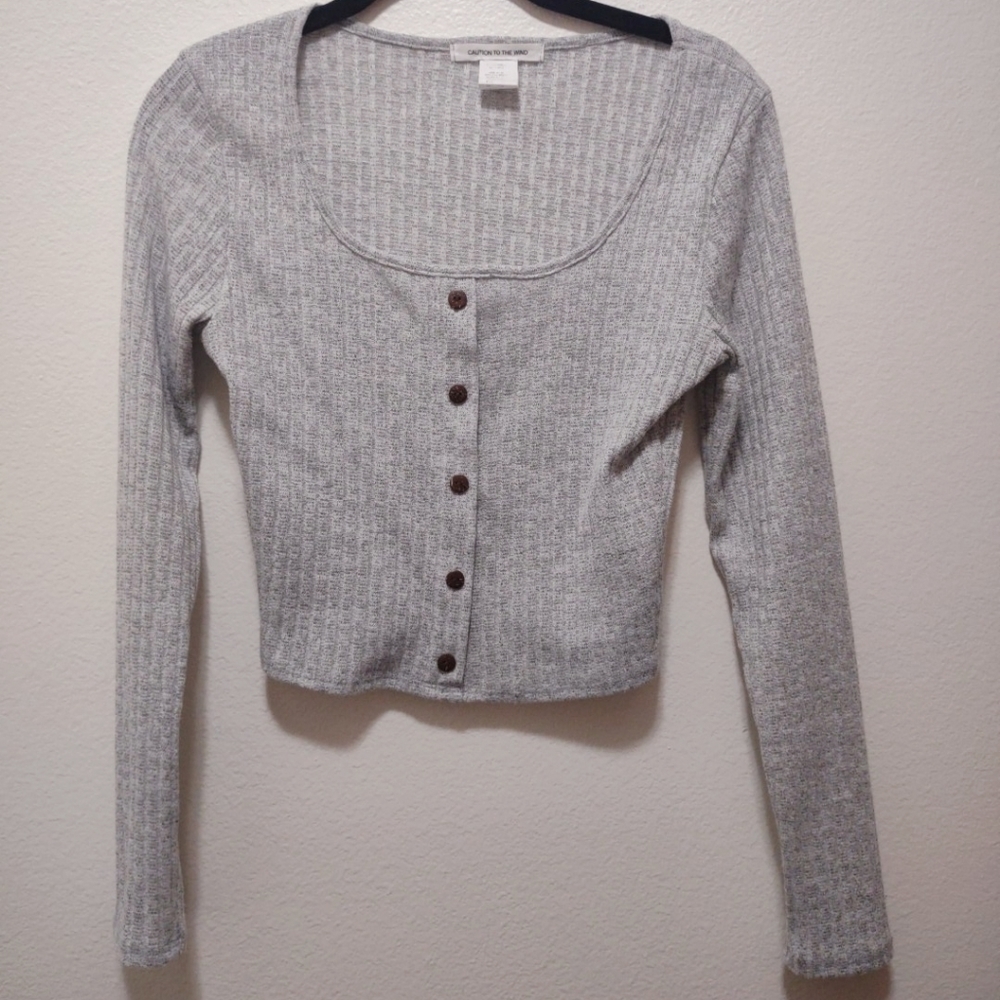 Caution to the Wind Long Sleeve Faux Button Down Crop Top Medium